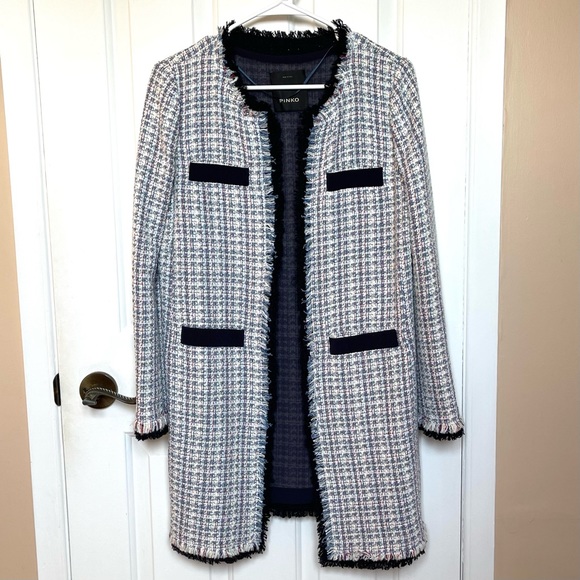 PINKO Made in Italy Long Tweed Jacket Blue & White - Picture 2 of 16